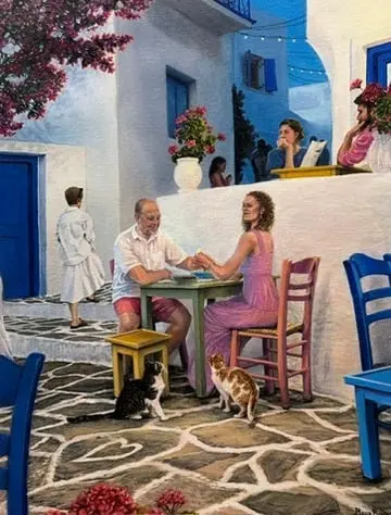 Painting of a couple holding hands at a café table in a Greek courtyard, with white and blue buildings, bougainvillea, and two cats at their feet